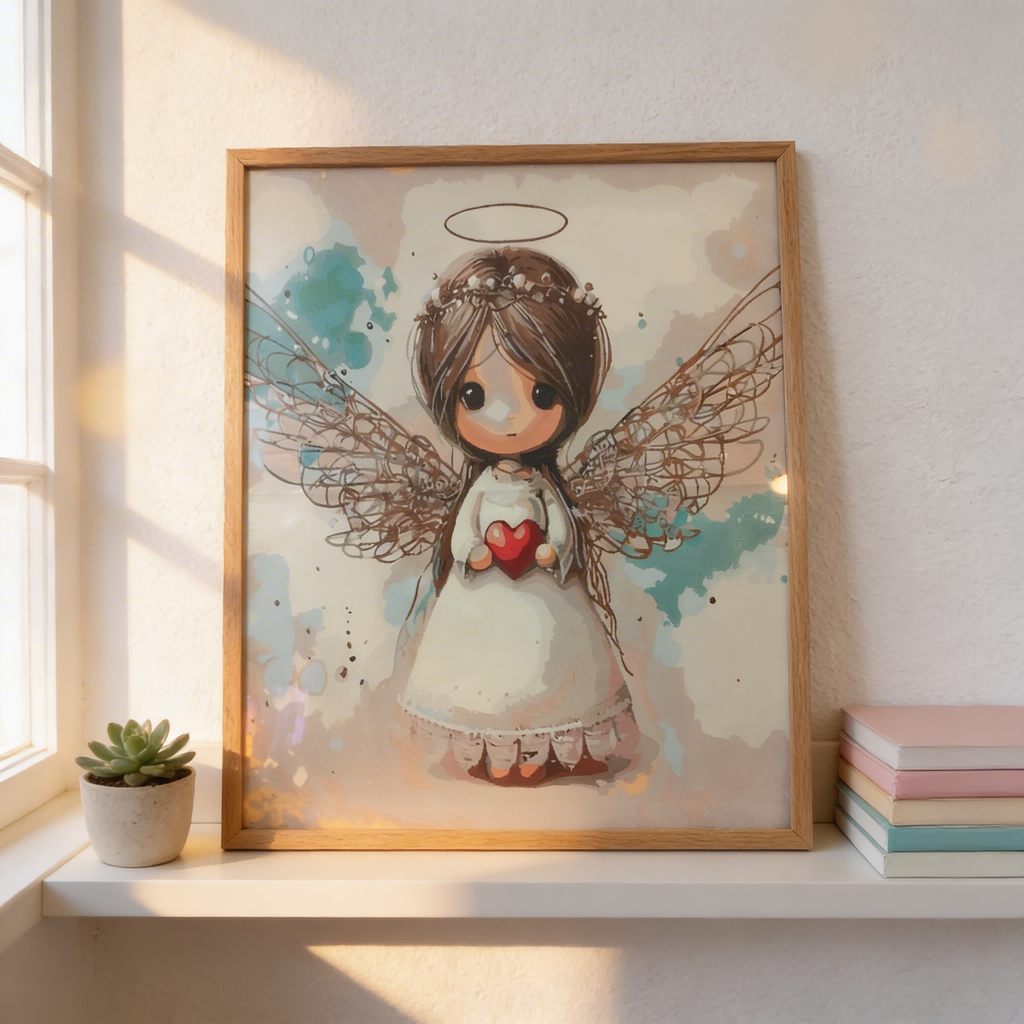 cuadro pintado a mano ángel de la guarda con corazon